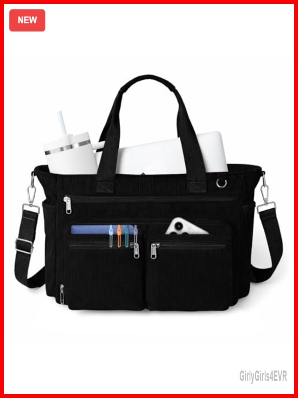 Corduroy Tote Bag with 15.6 inch Laptop Compartment, Crossbody Messenger for